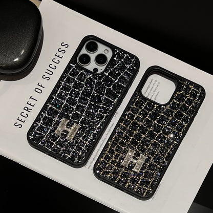 H Gold & Silver Diamond Black Leather iPhone Case
