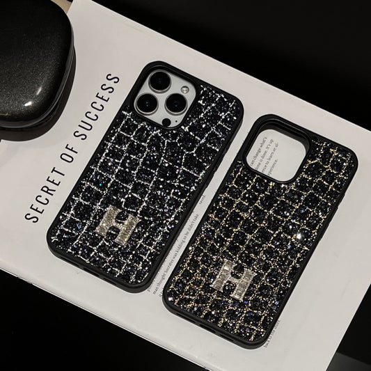 H Gold & Silver Diamond Black Leather iPhone Case