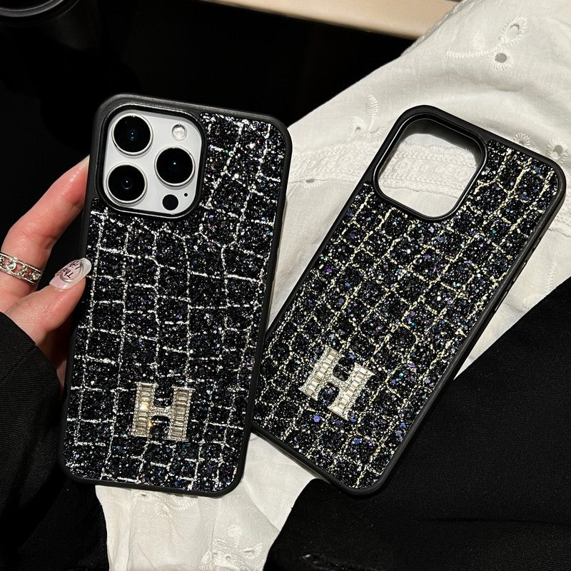 H Gold & Silver Diamond Black Leather iPhone Case