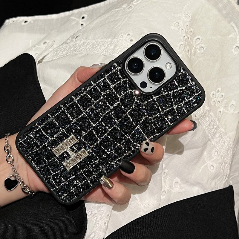 H Gold & Silver Diamond Black Leather iPhone Case