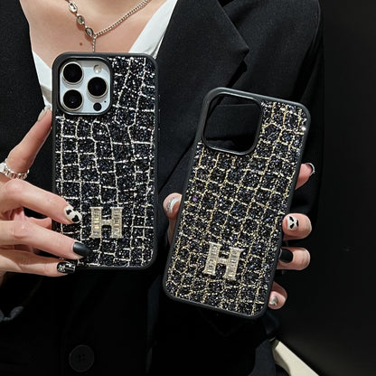 H Gold & Silver Diamond Black Leather iPhone Case