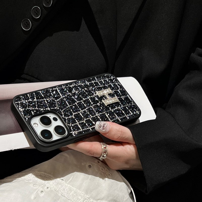 H Gold & Silver Diamond Black Leather iPhone Case