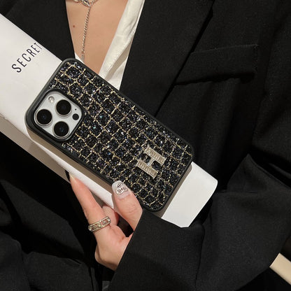 H Gold & Silver Diamond Black Leather iPhone Case
