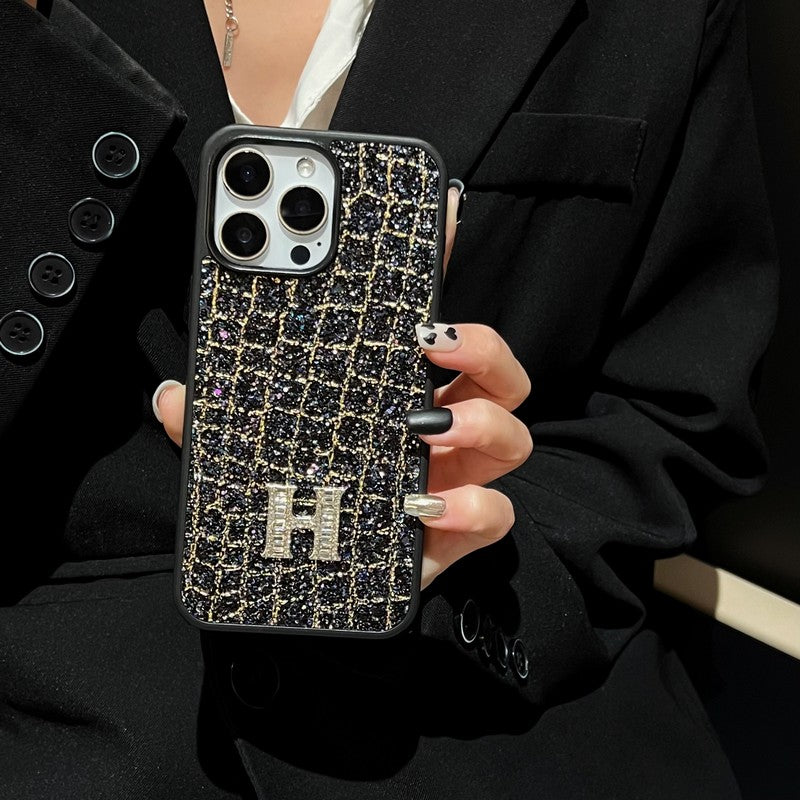 H Gold & Silver Diamond Black Leather iPhone Case