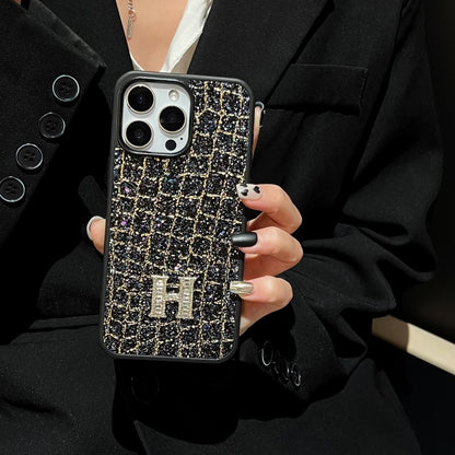 H Gold & Silver Diamond Black Leather iPhone Case