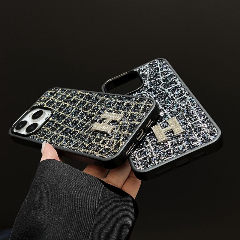 H Gold & Silver Diamond Black Leather iPhone Case