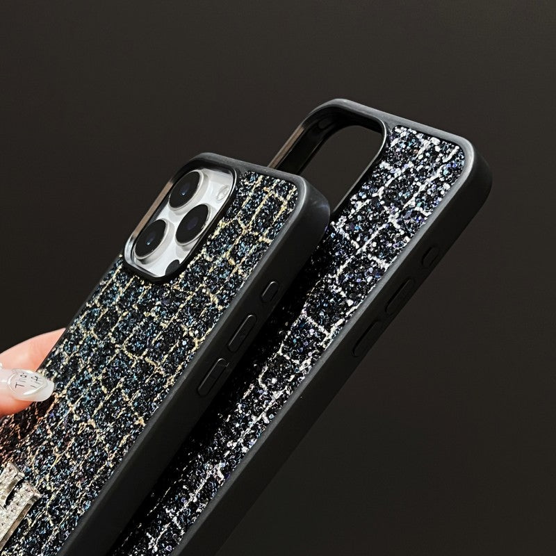 H Gold & Silver Diamond Black Leather iPhone Case